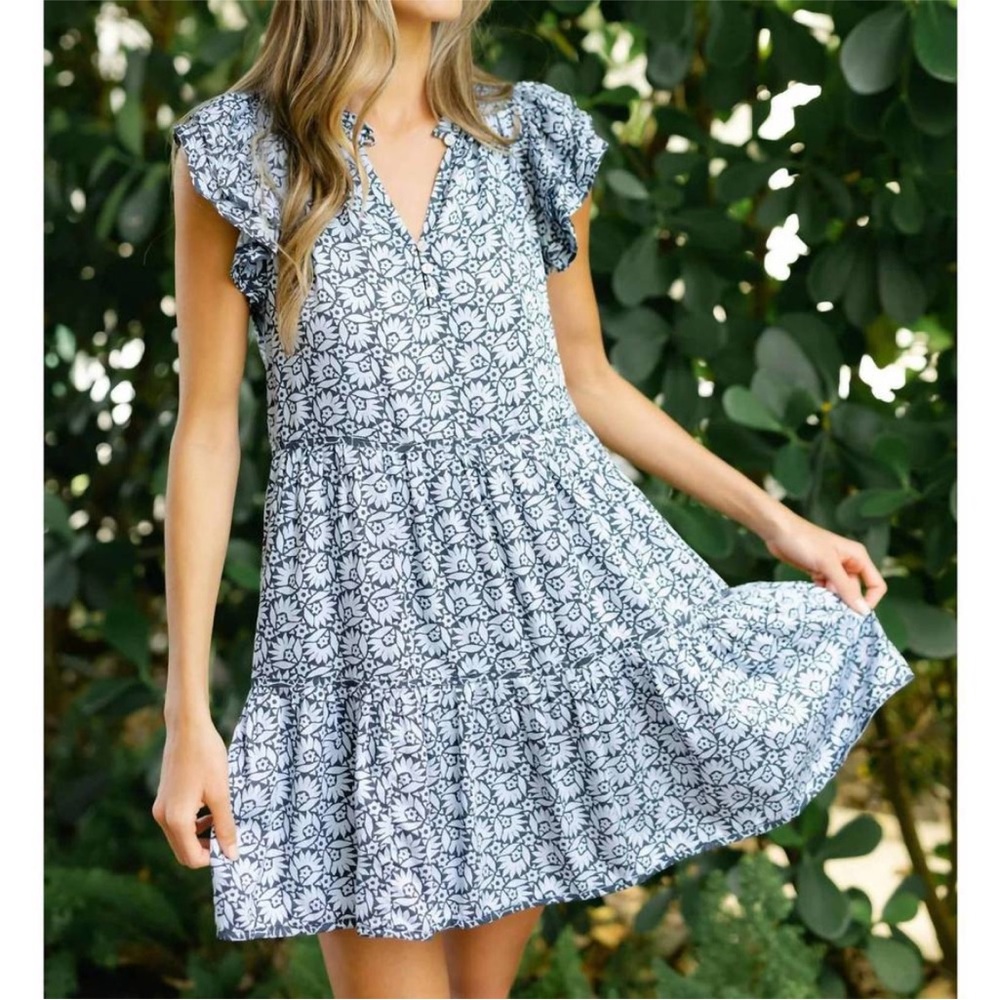 Omika Wilora Tiered Ruffle Floral Mini Dress in Blue
